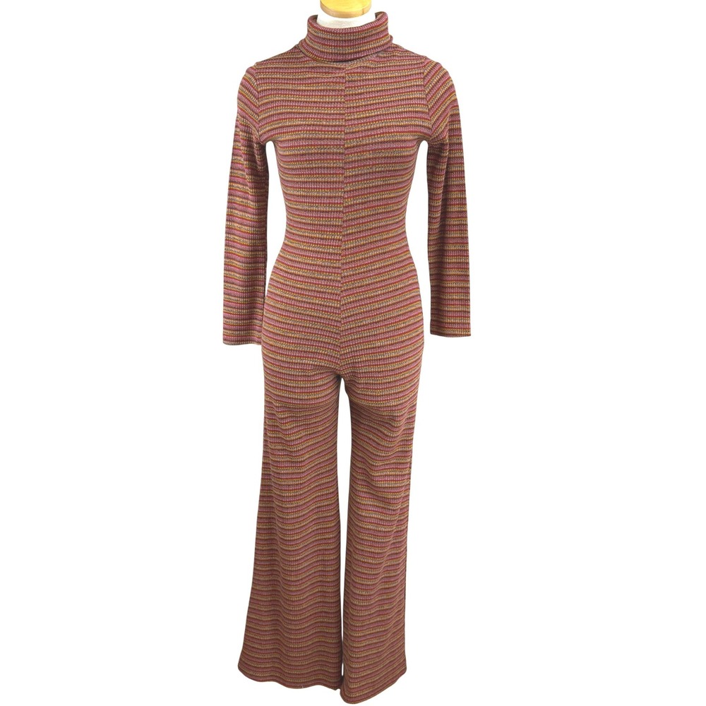 Vintage 70s JOSHUA TREE Womens Knit Jumpsuit|S|Striped Turtleneck Flare Leg Boho